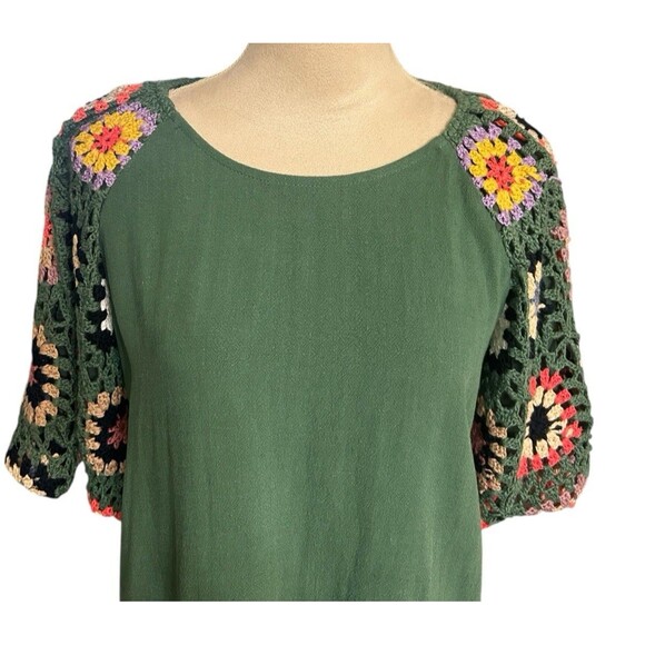 UMGEE Crocheted Green Lined Sleeves Linen Cotton Flutter Short Sleeves Top Sz S - Picture 4 of 11